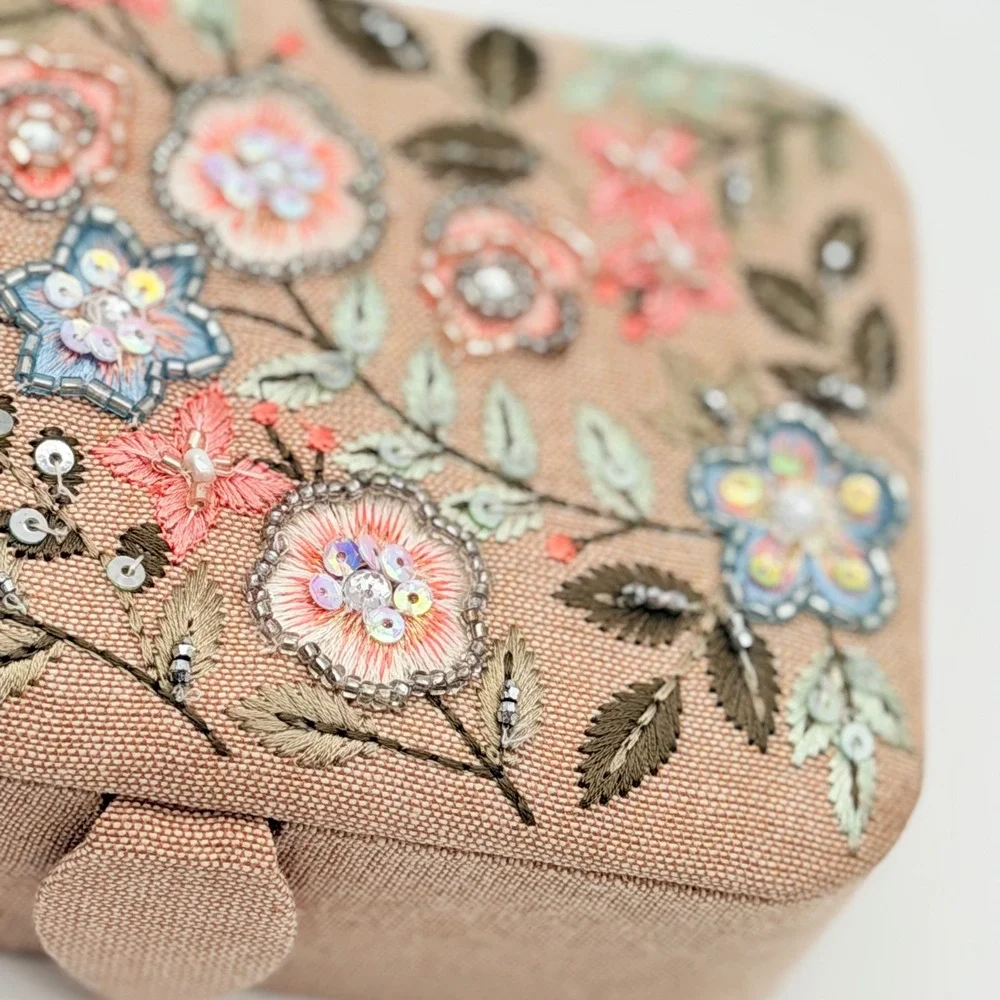 Floral Embroidered Beaded Jewelry Box Travel Case Tan Linen Boho Cottagecore